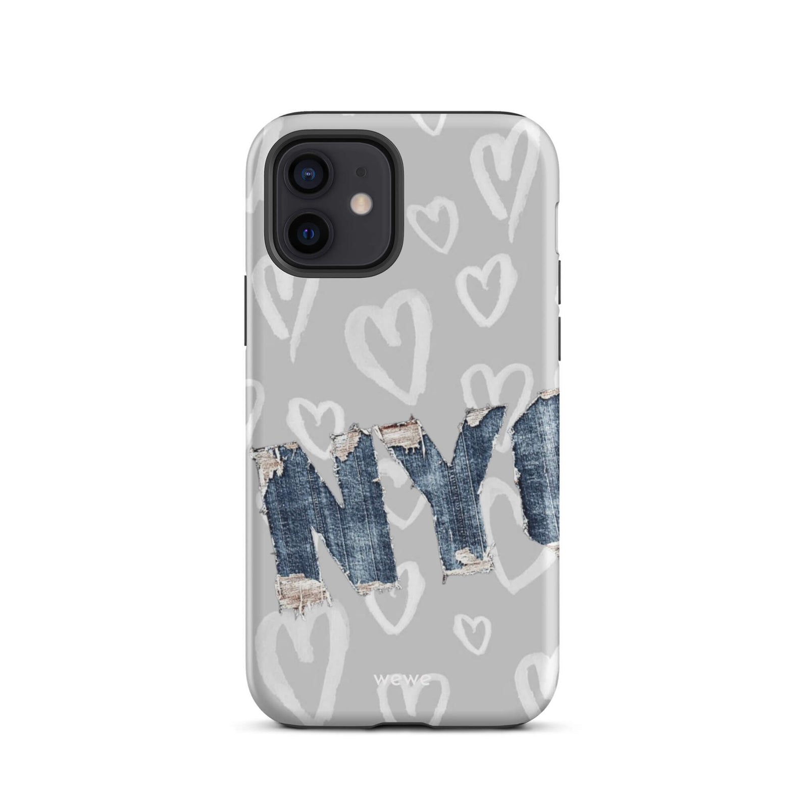 Custom iPhone case 12 with a light grey background, a pattern of sketched white hearts, and a ripped denim 'NY' graphic.