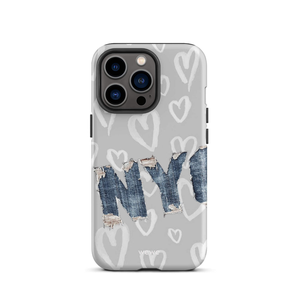 Custom iPhone case 13 pro with a light grey background, a pattern of sketched white hearts, and a ripped denim 'NY' graphic.