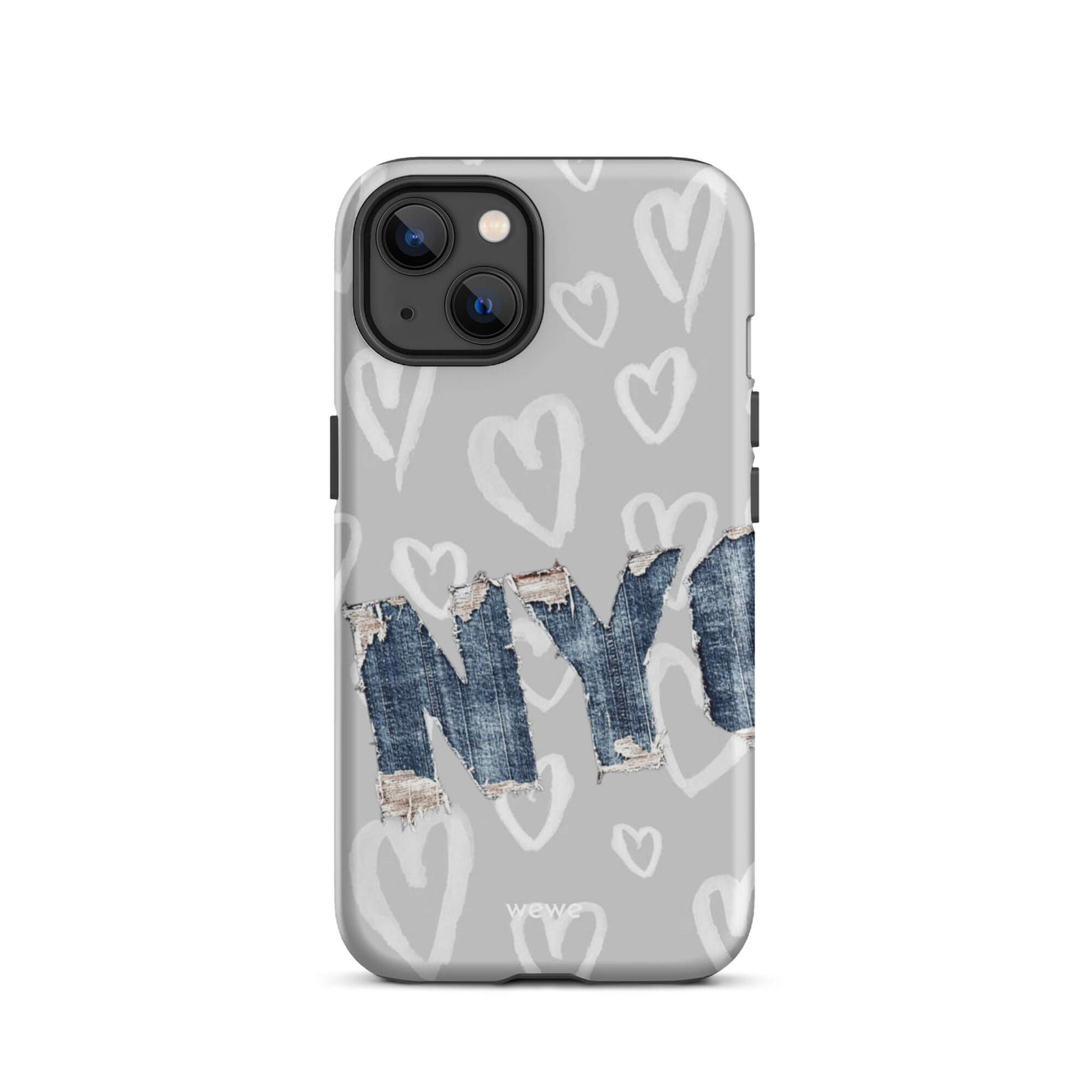 Custom iPhone case 13 with a light grey background, a pattern of sketched white hearts, and a ripped denim 'NY' graphic.