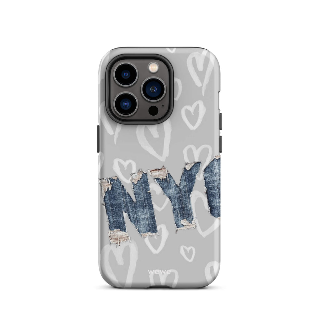 Custom iPhone case 14 pro with a light grey background, a pattern of sketched white hearts, and a ripped denim 'NY' graphic.