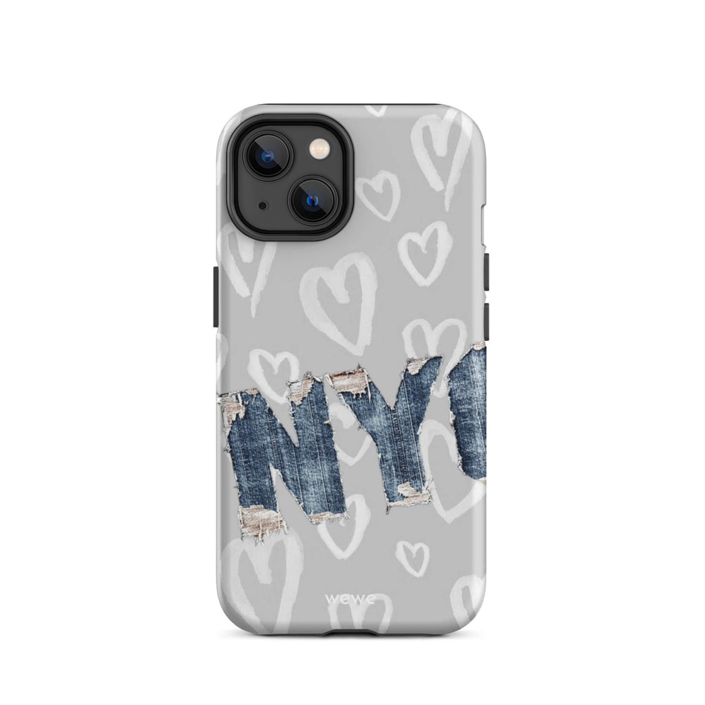 Custom iPhone case 14 with a light grey background, a pattern of sketched white hearts, and a ripped denim 'NY' graphic.