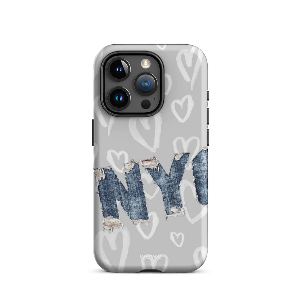 Custom iPhone case 15 pro with a light grey background, a pattern of sketched white hearts, and a ripped denim 'NY' graphic.