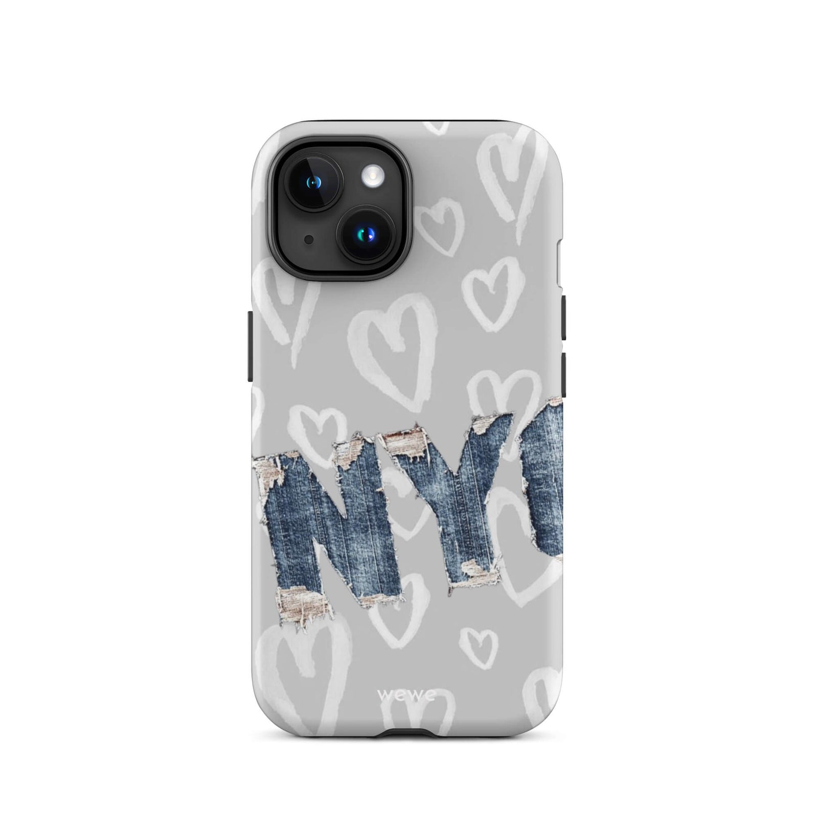 Custom iPhone case 15 with a light grey background, a pattern of sketched white hearts, and a ripped denim 'NY' graphic.