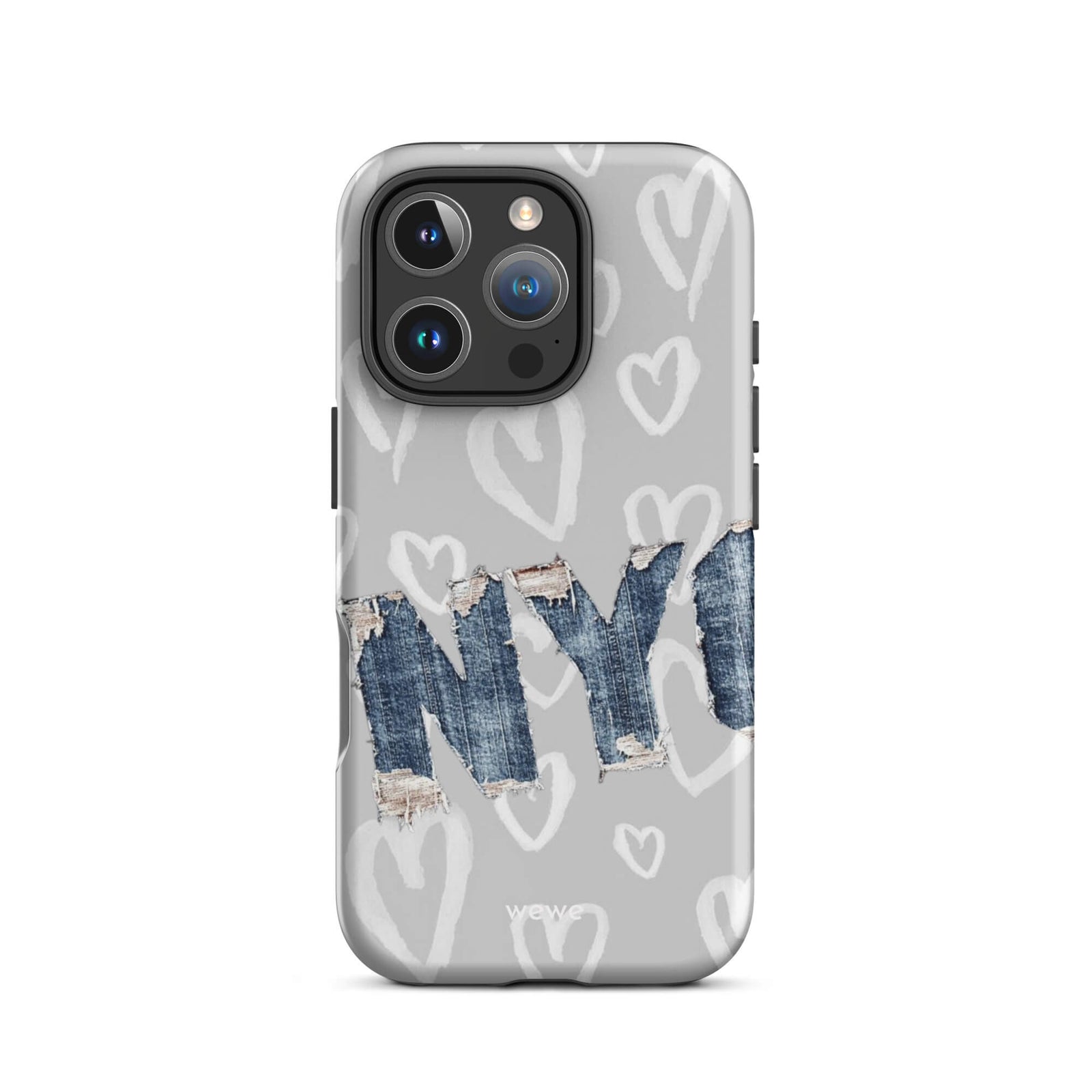 Custom iPhone case 16 pro with a light grey background, a pattern of sketched white hearts, and a ripped denim 'NY' graphic.