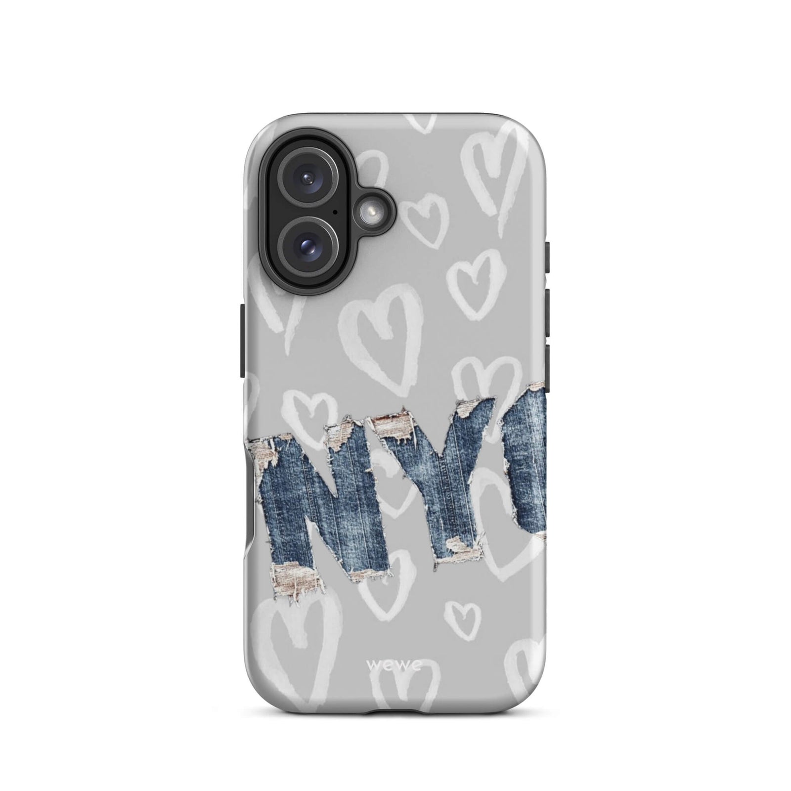Custom iPhone case 16 with a light grey background, a pattern of sketched white hearts, and a ripped denim 'NY' graphic.