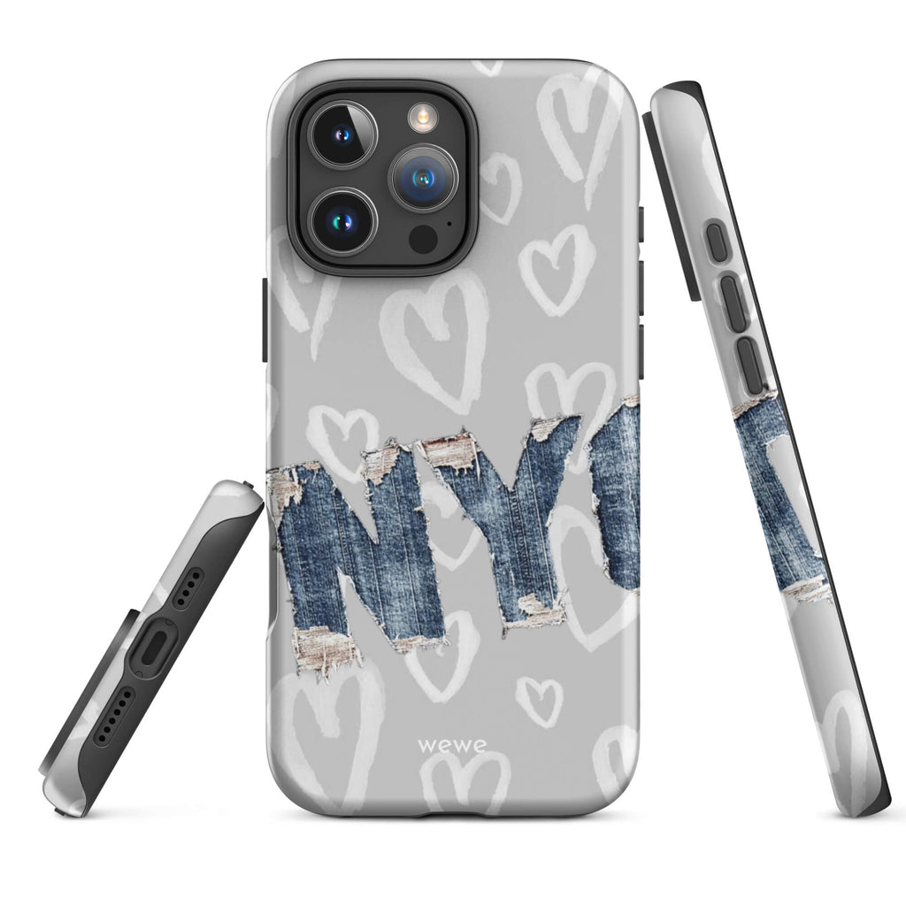 Custom iPhone case 16 pro max with a light grey background, a pattern of sketched white hearts, and a ripped denim 'NY' graphic.