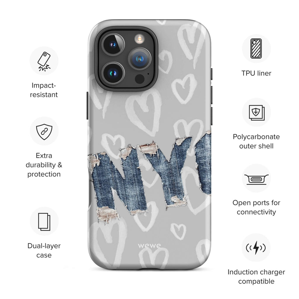 Custom iPhone case 16 pro max with a light grey background, a pattern of sketched white hearts, and a ripped denim 'NY' graphic.