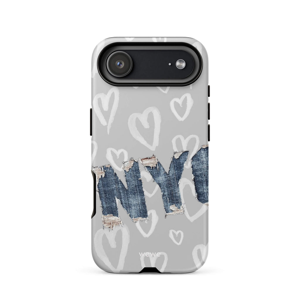 Custom iPhone case 17 air with a light grey background, a pattern of sketched white hearts, and a ripped denim 'NY' graphic.