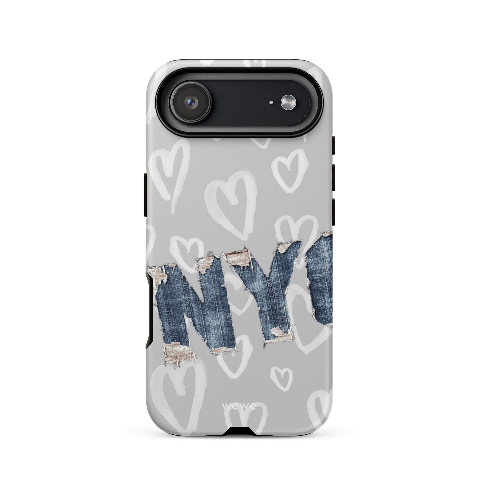Custom iPhone case 17 air with a light grey background, a pattern of sketched white hearts, and a ripped denim 'NY' graphic.