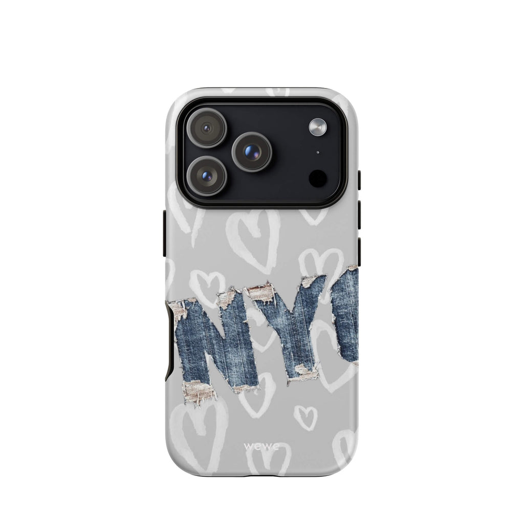 Custom iPhone case 17 pro with a light grey background, a pattern of sketched white hearts, and a ripped denim 'NY' graphic.