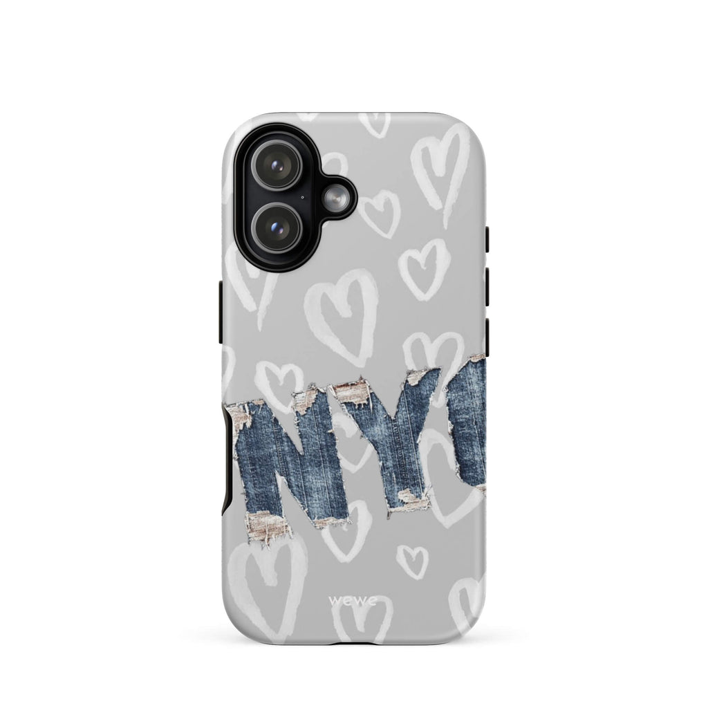 Custom iPhone case 17 with a light grey background, a pattern of sketched white hearts, and a ripped denim 'NY' graphic.