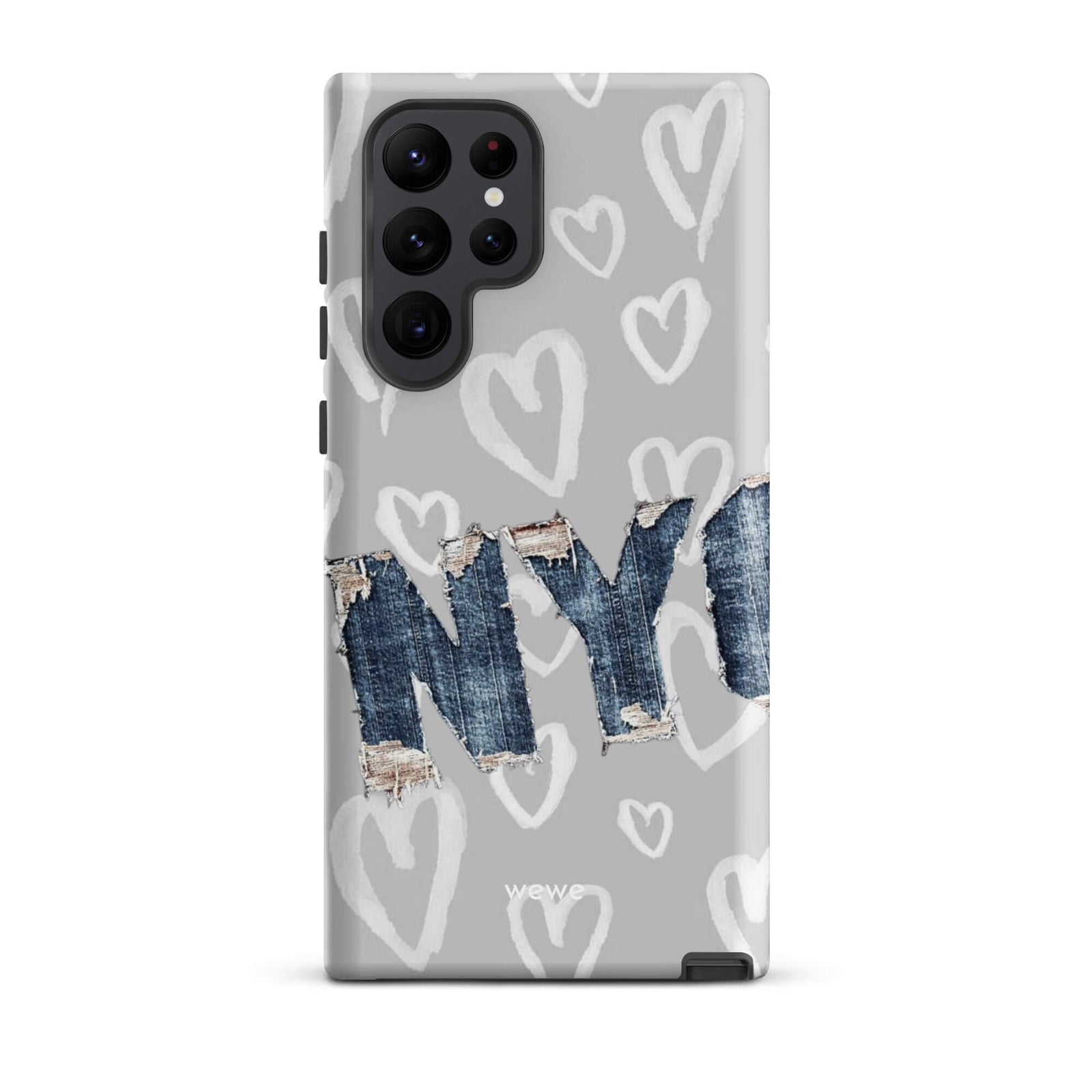 Custom samsung galaxy s22 ultra Phone case with a light grey background, a pattern of sketched white hearts, and a ripped denim 'NY' graphic.