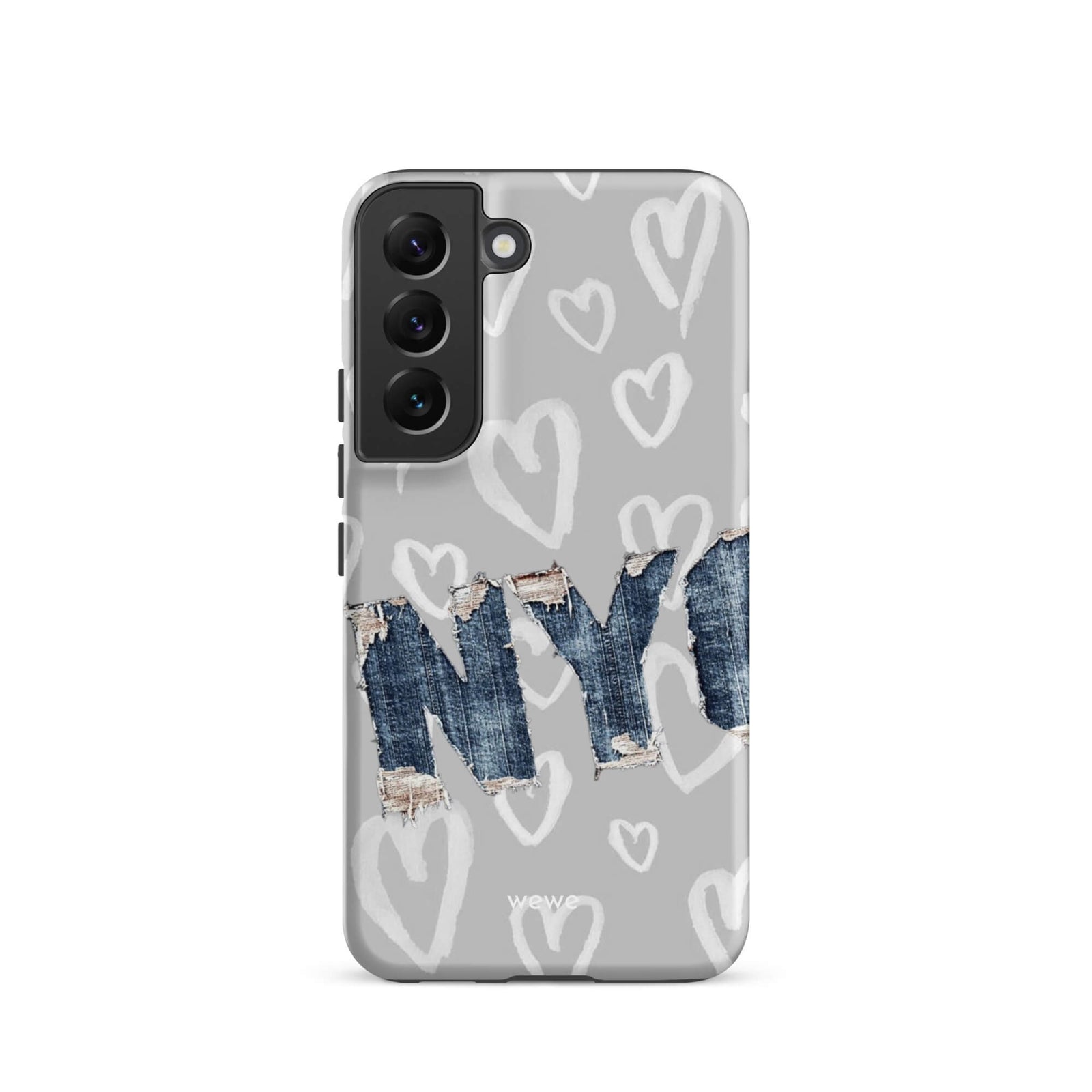 Custom samsung galaxy s22 Phone case with a light grey background, a pattern of sketched white hearts, and a ripped denim 'NY' graphic.