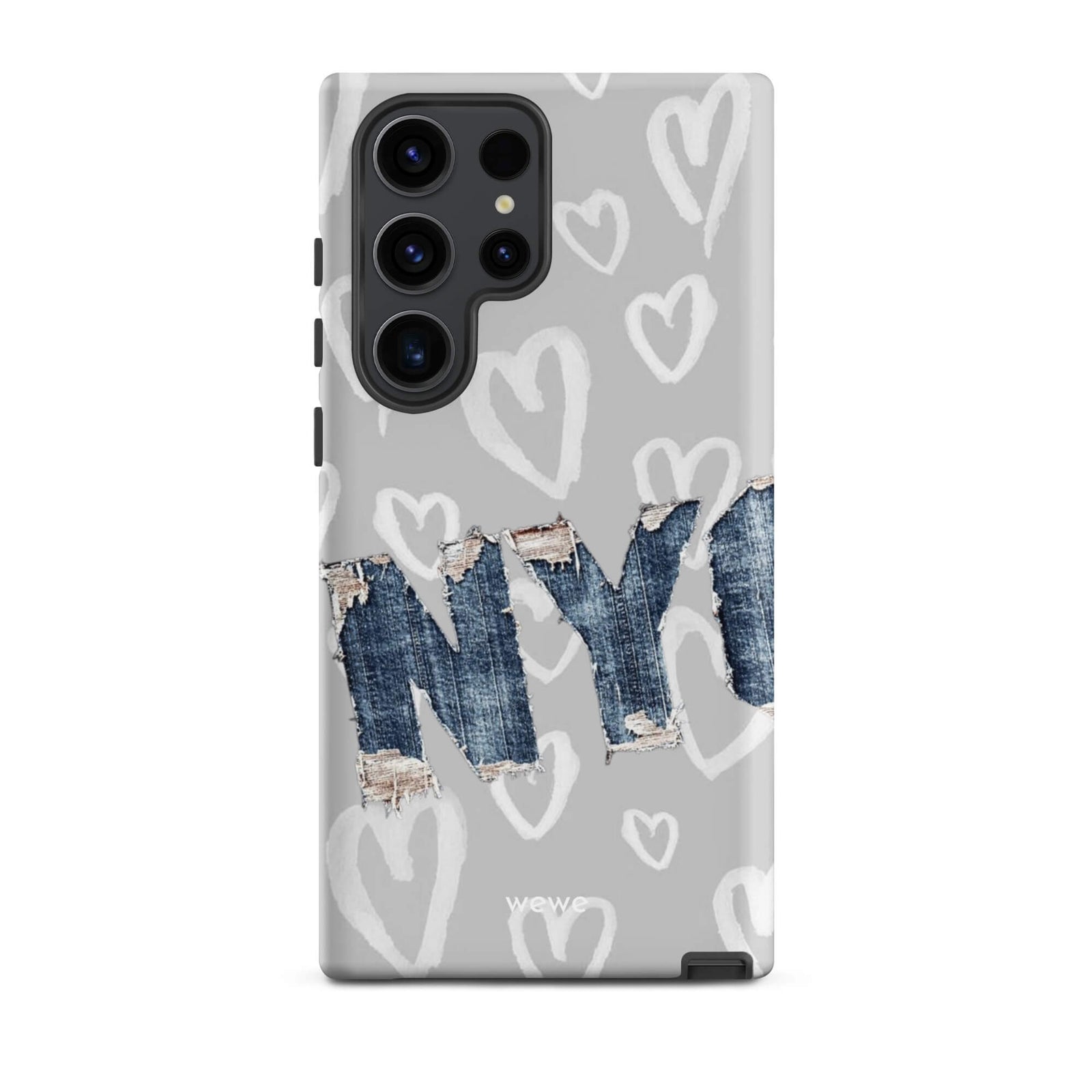 Custom samsung galaxy s23 ultra Phone case with a light grey background, a pattern of sketched white hearts, and a ripped denim 'NY' graphic.