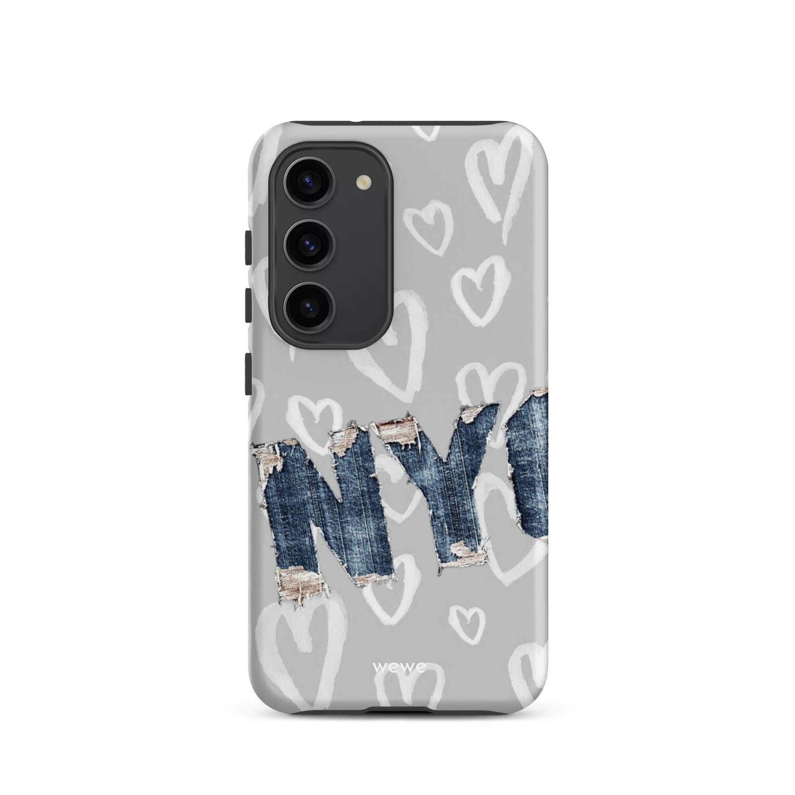 Custom samsung galaxy s23 Phone case with a light grey background, a pattern of sketched white hearts, and a ripped denim 'NY' graphic.