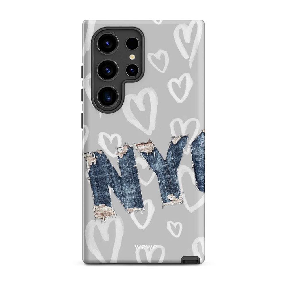 Custom samsung galaxy s24 ultra Phone case with a light grey background, a pattern of sketched white hearts, and a ripped denim 'NY' graphic.