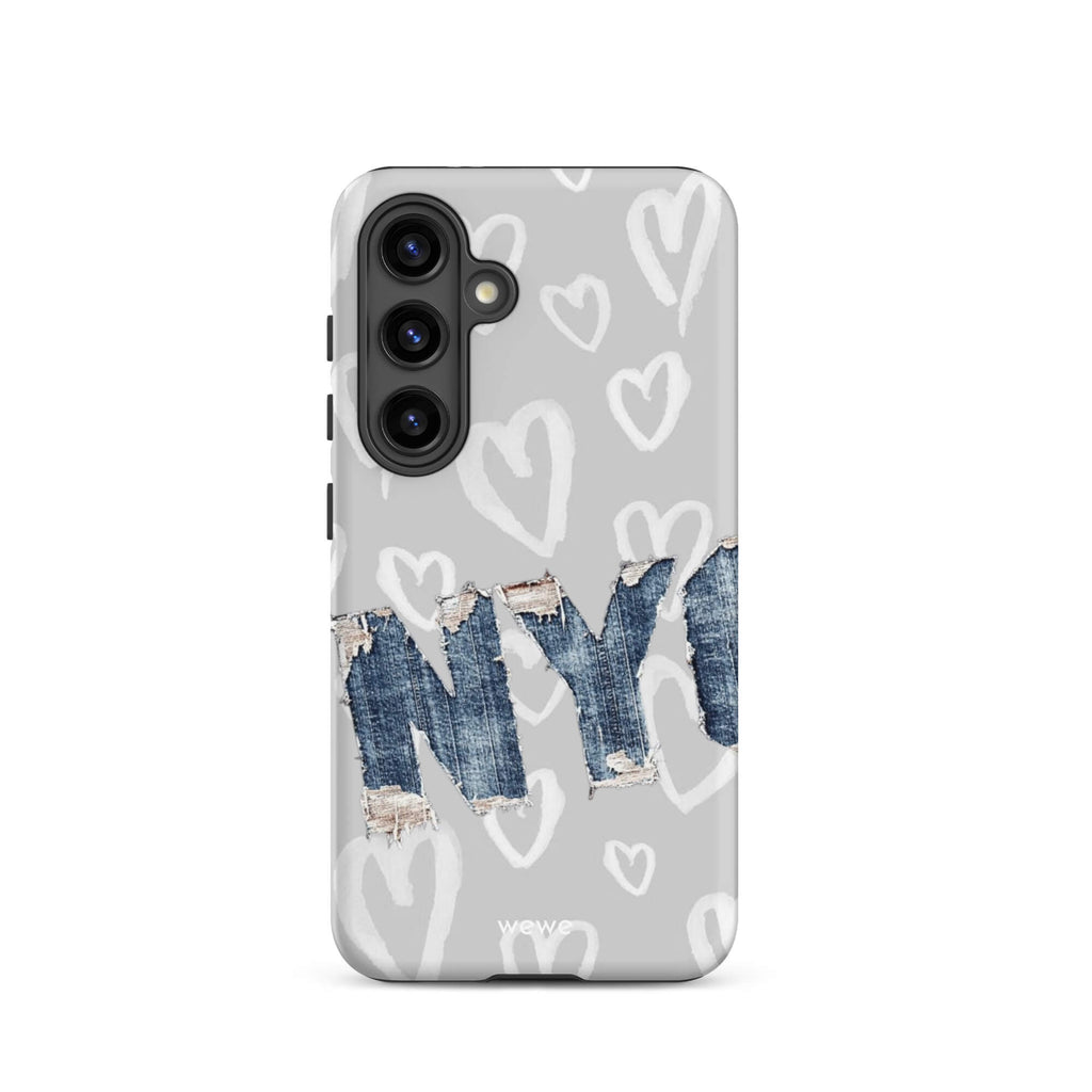 Custom samsung galaxy s24 Phone case with a light grey background, a pattern of sketched white hearts, and a ripped denim 'NY' graphic.