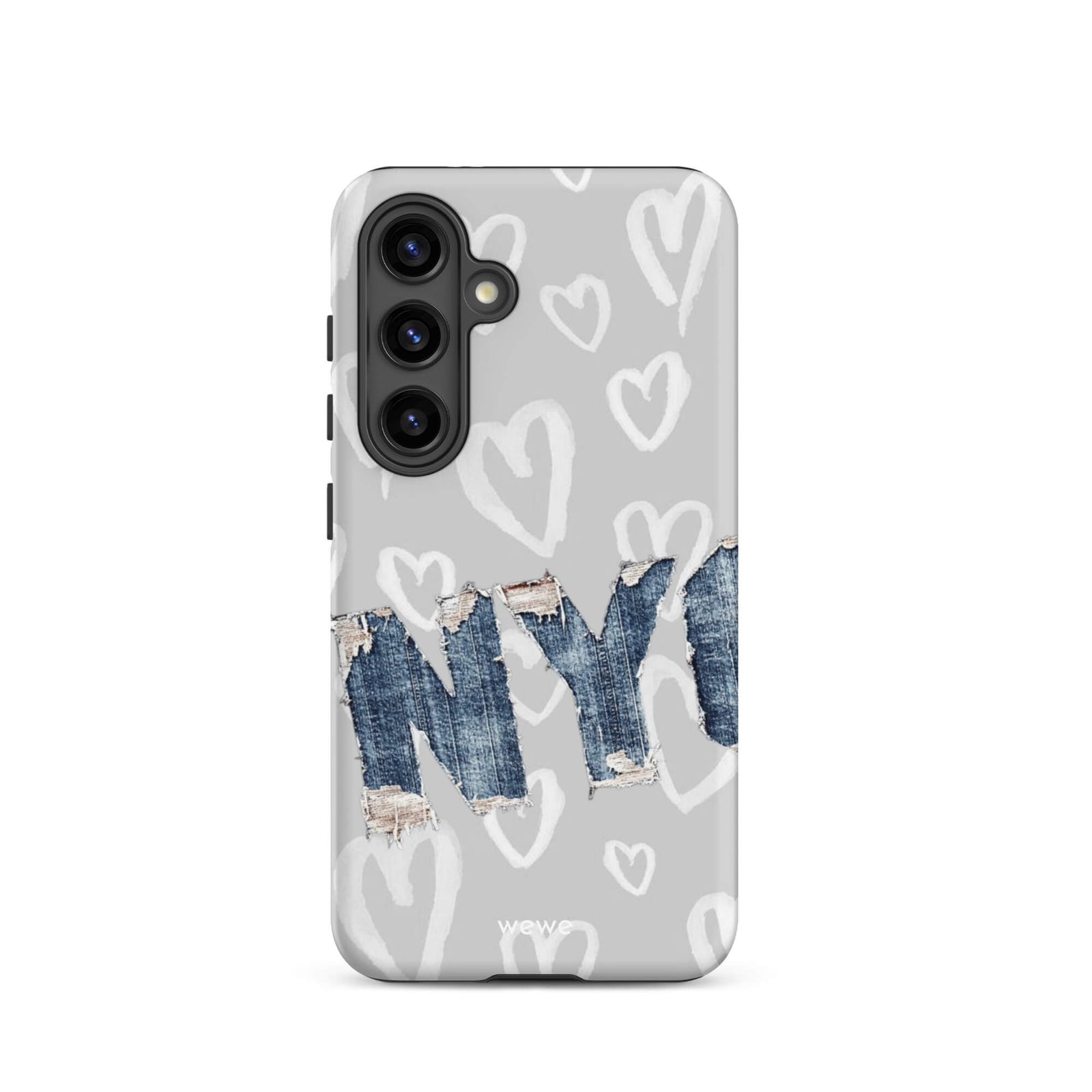 Custom samsung galaxy s24 Phone case with a light grey background, a pattern of sketched white hearts, and a ripped denim 'NY' graphic.