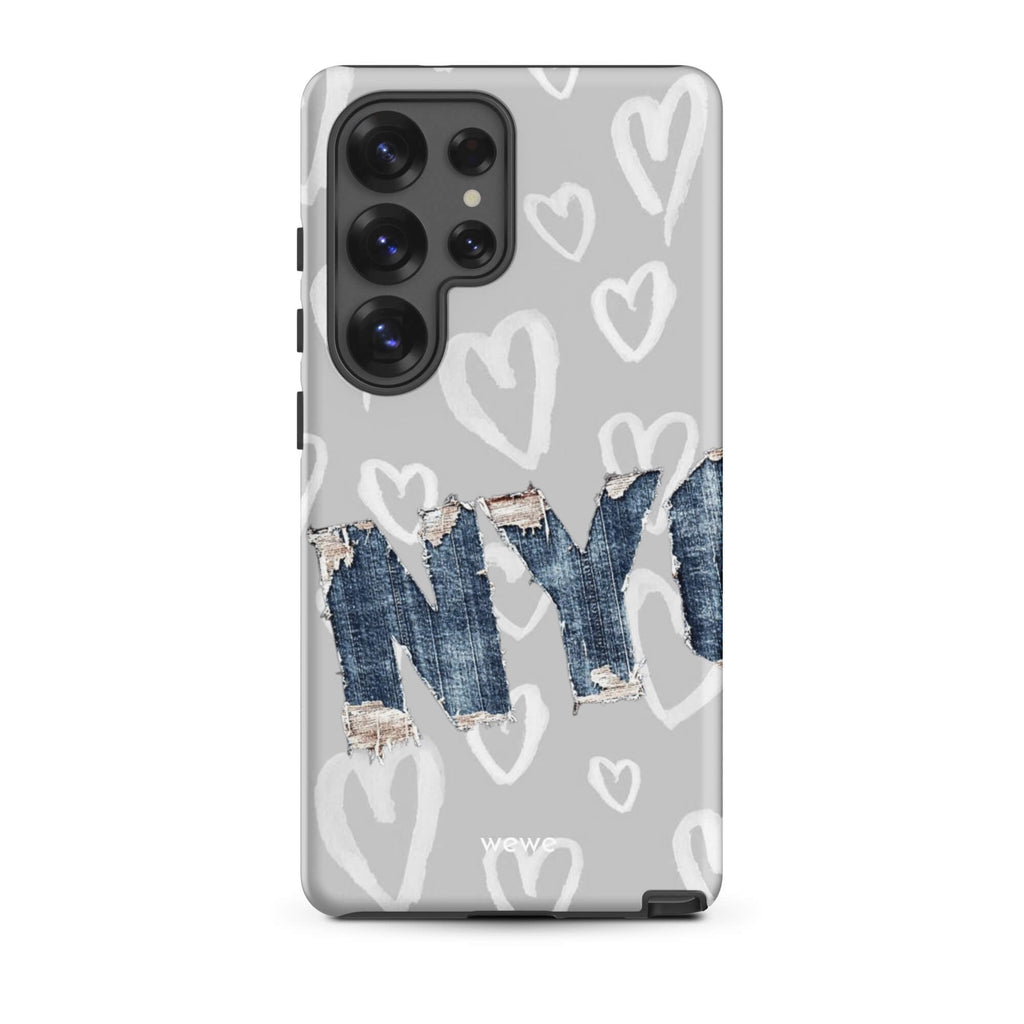Custom samsung galaxy s25 ultra Phone case with a light grey background, a pattern of sketched white hearts, and a ripped denim 'NY' graphic.