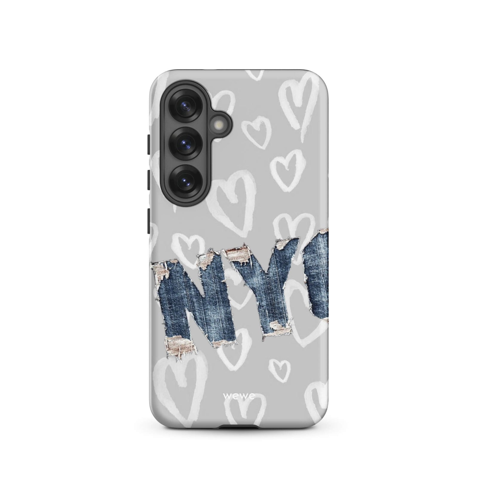 Custom samsung galaxy s25 Phone case with a light grey background, a pattern of sketched white hearts, and a ripped denim 'NY' graphic.