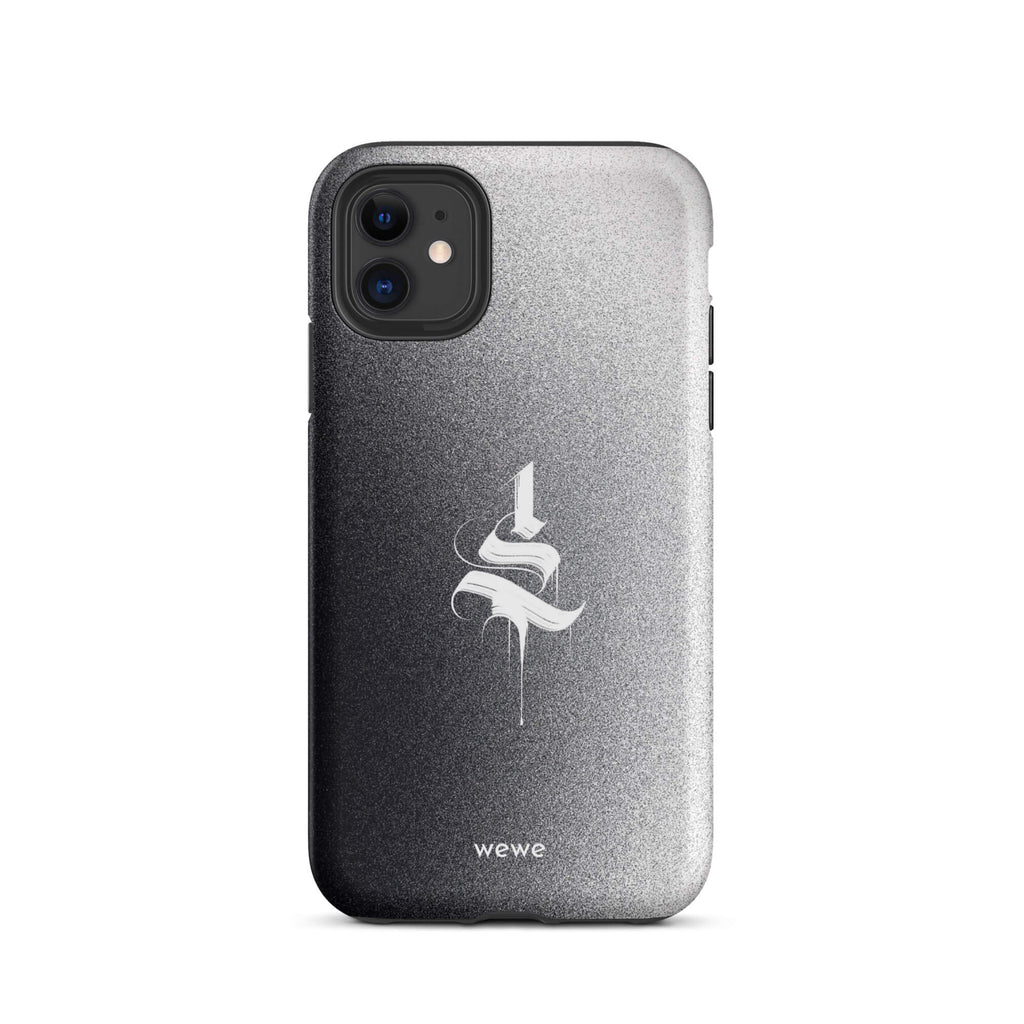 Custom iPhone case 11 with a black to grey ombre background and a dripping, stylized gothic 'S' in white.