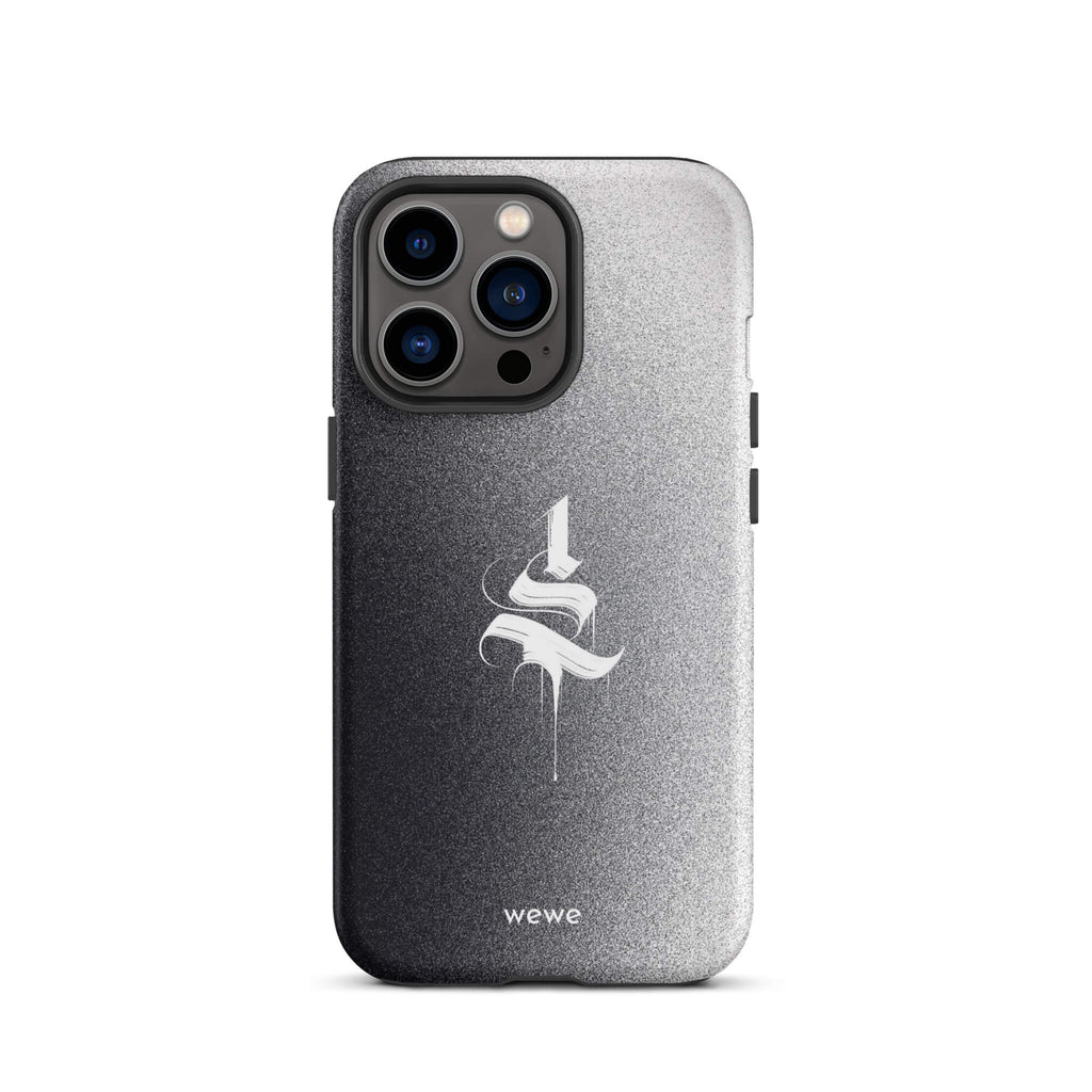 Custom iPhone case 13 pro with a black to grey ombre background and a dripping, stylized gothic 'S' in white.