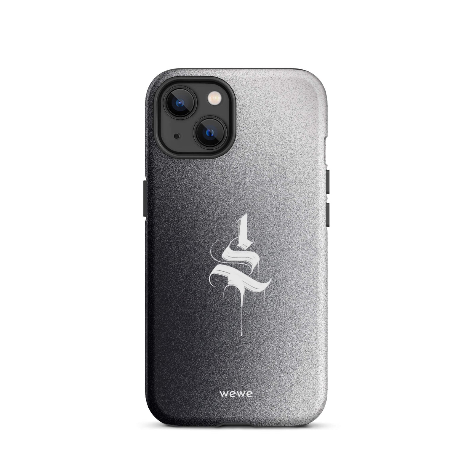 Custom iPhone case 13 with a black to grey ombre background and a dripping, stylized gothic 'S' in white.