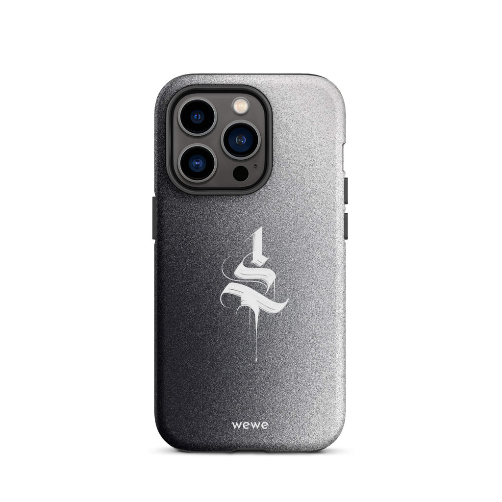 Custom iPhone case 14 pro with a black to grey ombre background and a dripping, stylized gothic 'S' in white.