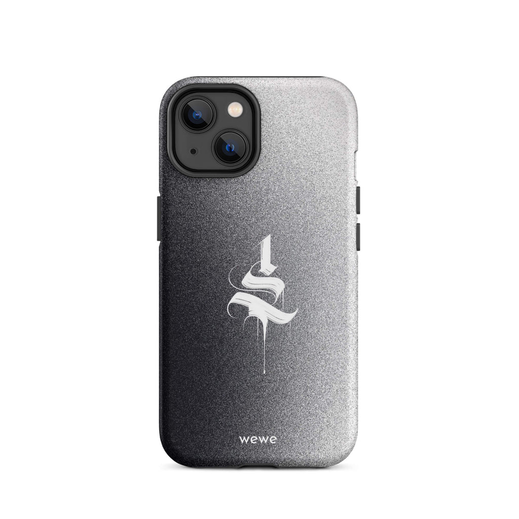 Custom iPhone case 14 with a black to grey ombre background and a dripping, stylized gothic 'S' in white.