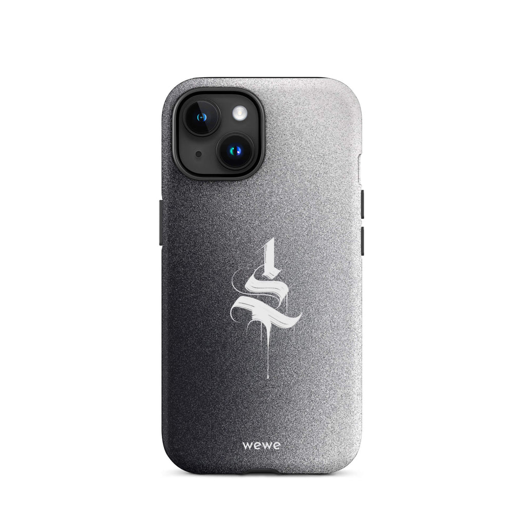 Custom iPhone case 15 with a black to grey ombre background and a dripping, stylized gothic 'S' in white.