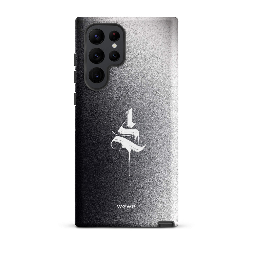 Custom samsung galaxy s22 ultra  Phone case with a black to grey ombre background and a dripping, stylized gothic 'S' in white.
