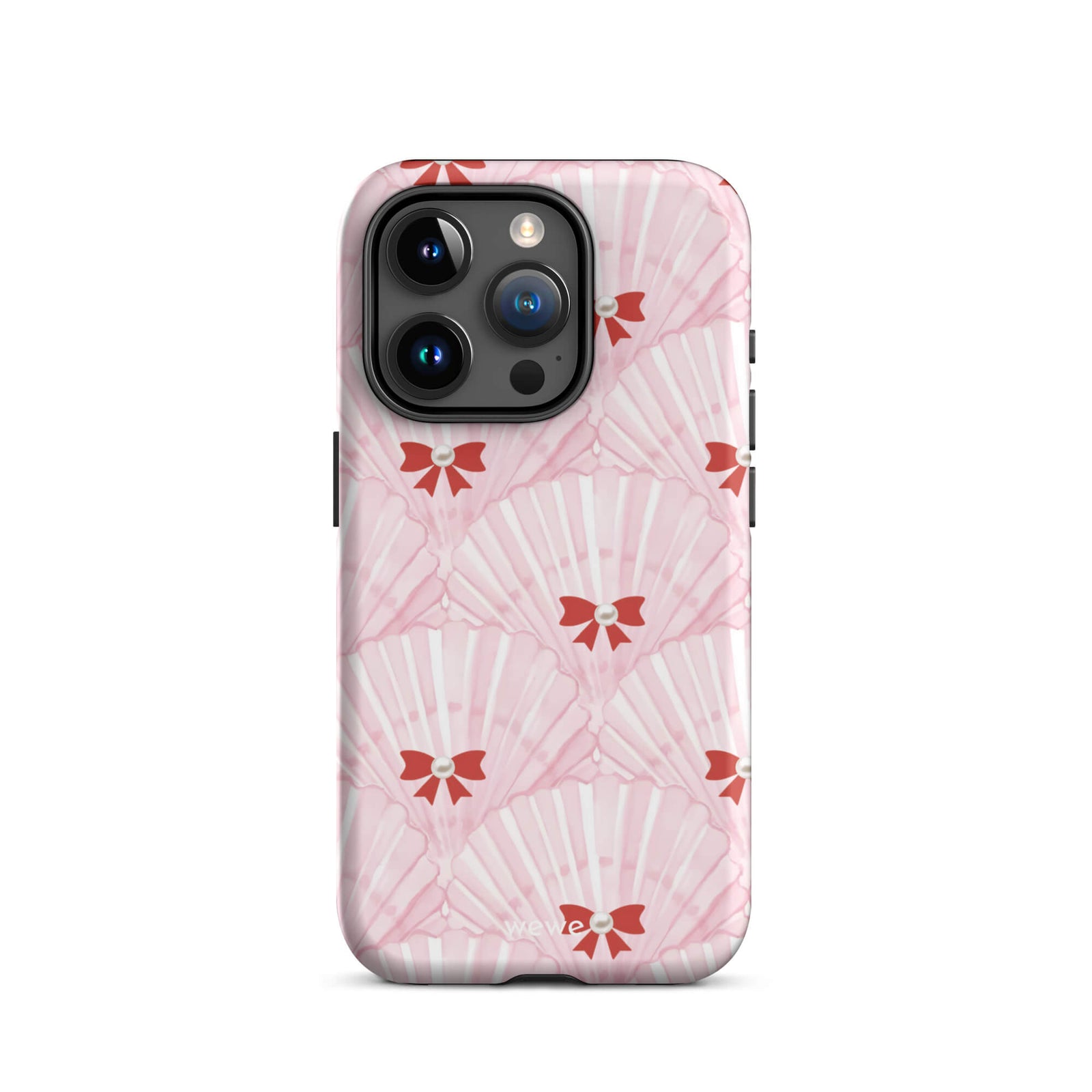 Custom iPhone case 15 pro with a cute and whimsical pattern of watercolor pink and white seashells with red bows and pearls.