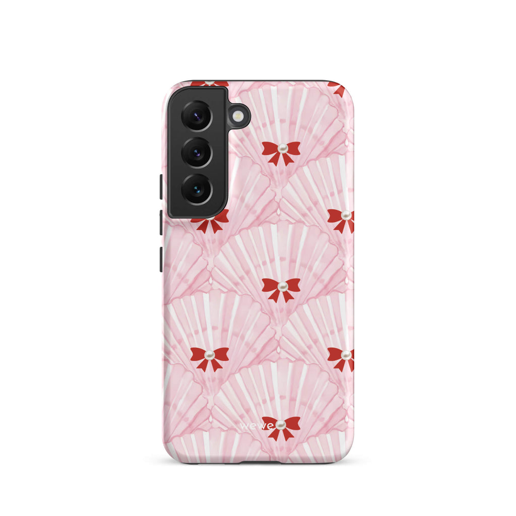 Custom samsung galaxy s22 Phone case with a cute and whimsical pattern of watercolor pink and white seashells with red bows and pearls.