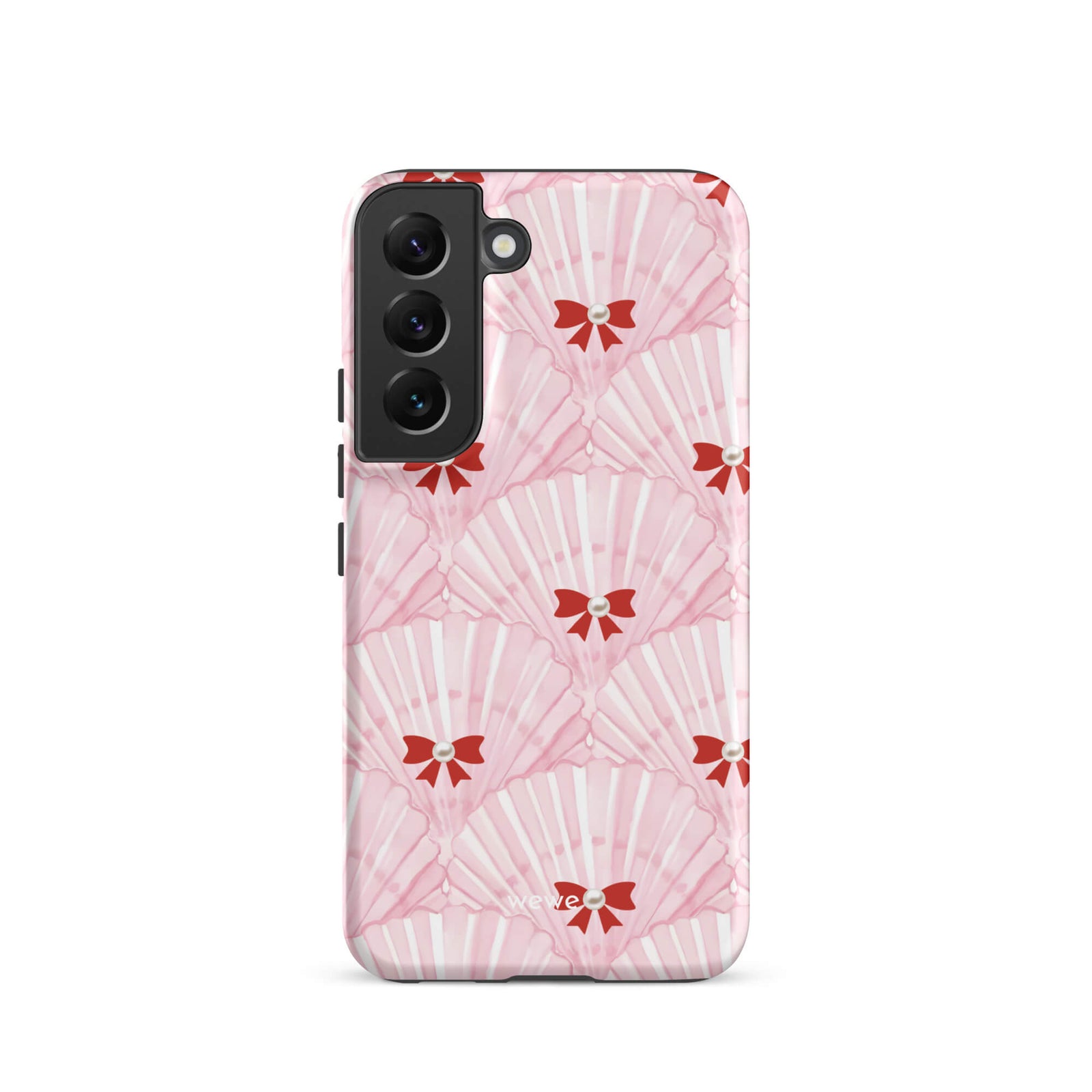 Custom samsung galaxy s22 Phone case with a cute and whimsical pattern of watercolor pink and white seashells with red bows and pearls.