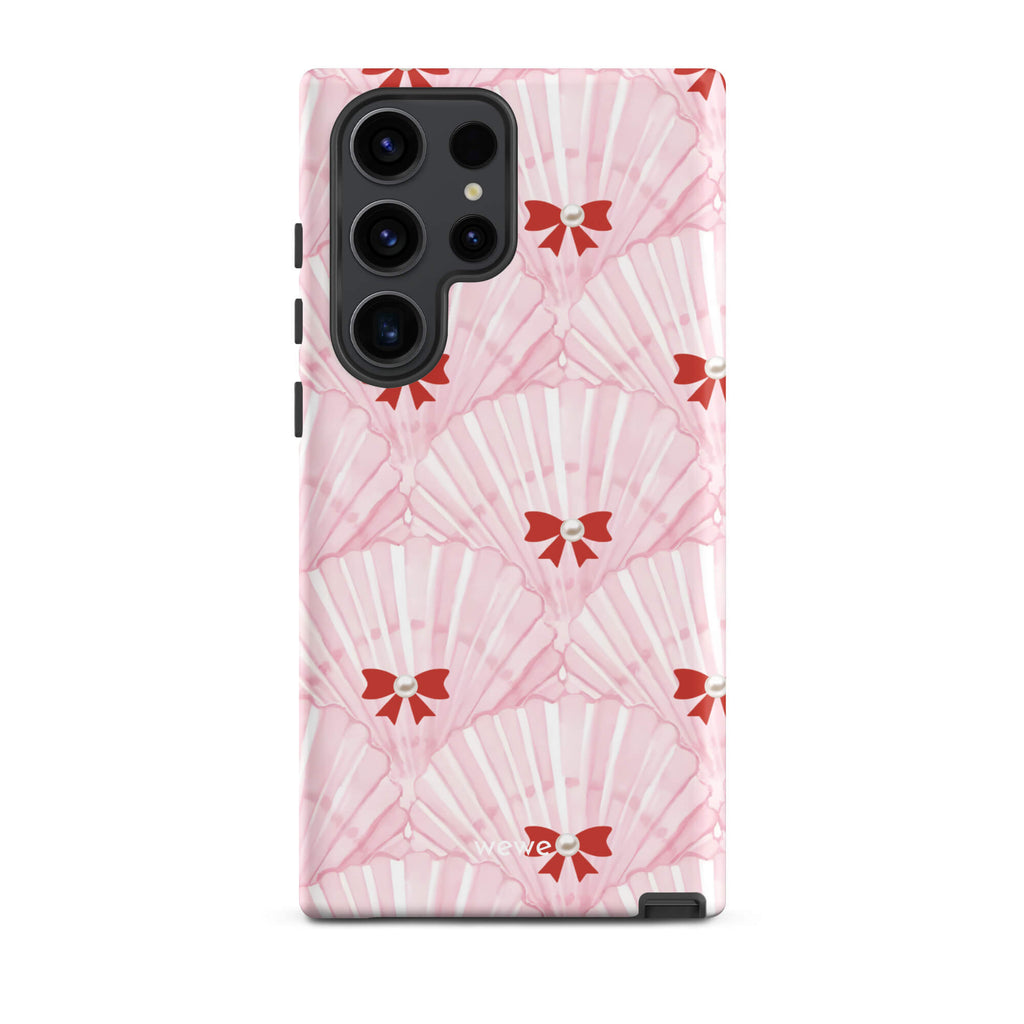 Custom samsung galaxy s23 ultra  Phone case with a cute and whimsical pattern of watercolor pink and white seashells with red bows and pearls.