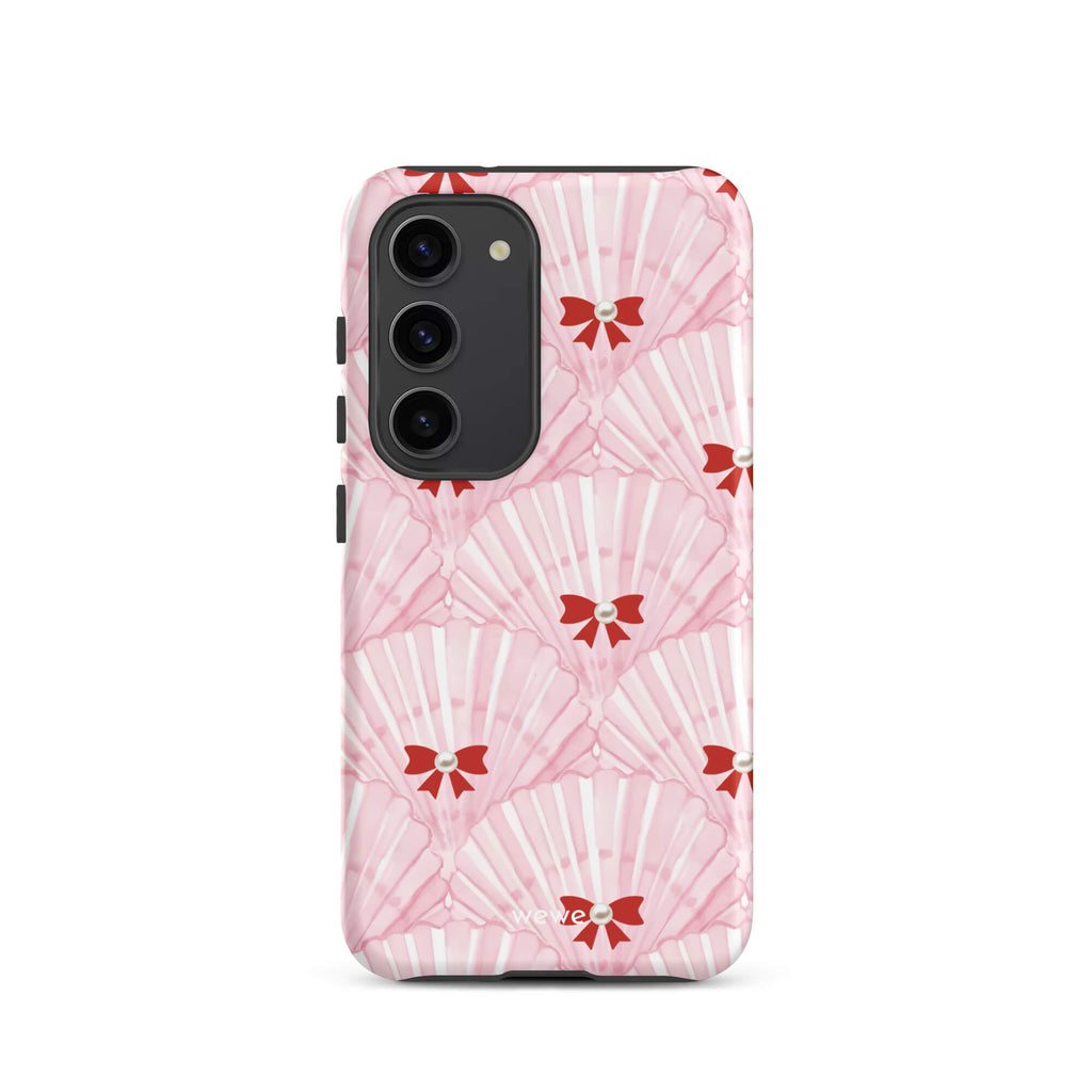 Custom samsung galaxy s23 Phone case with a cute and whimsical pattern of watercolor pink and white seashells with red bows and pearls.