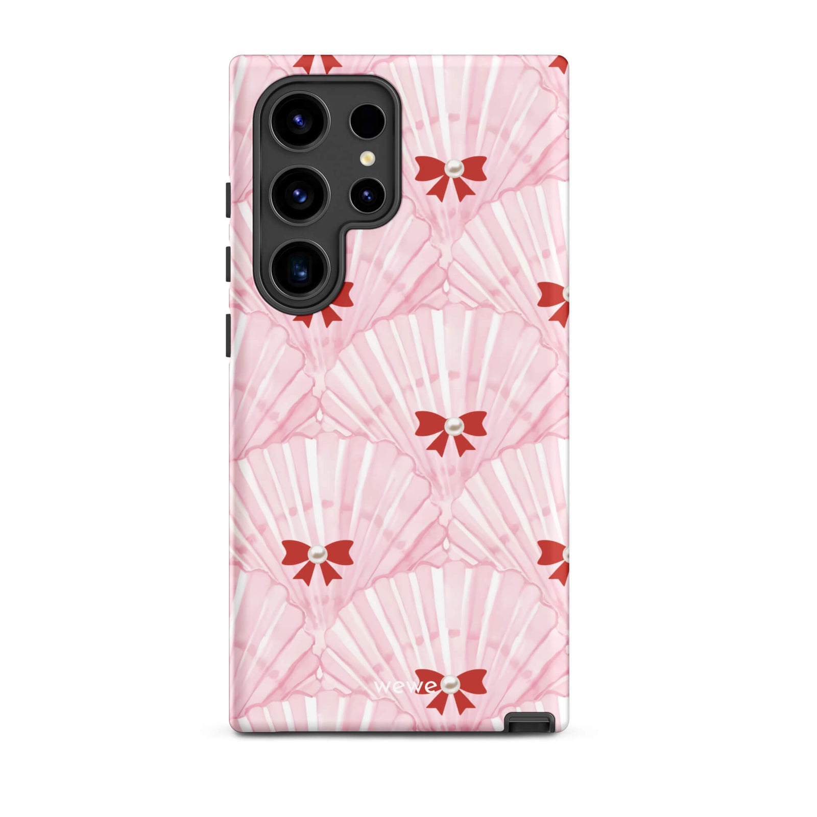 Custom samsung galaxy s24 ultra  Phone case with a cute and whimsical pattern of watercolor pink and white seashells with red bows and pearls.