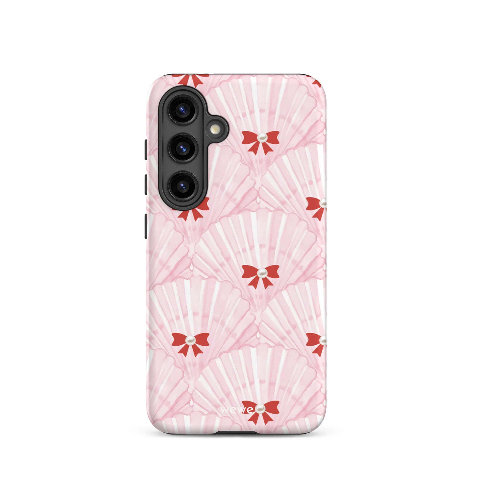 Custom samsung galaxy s24 Phone case with a cute and whimsical pattern of watercolor pink and white seashells with red bows and pearls.