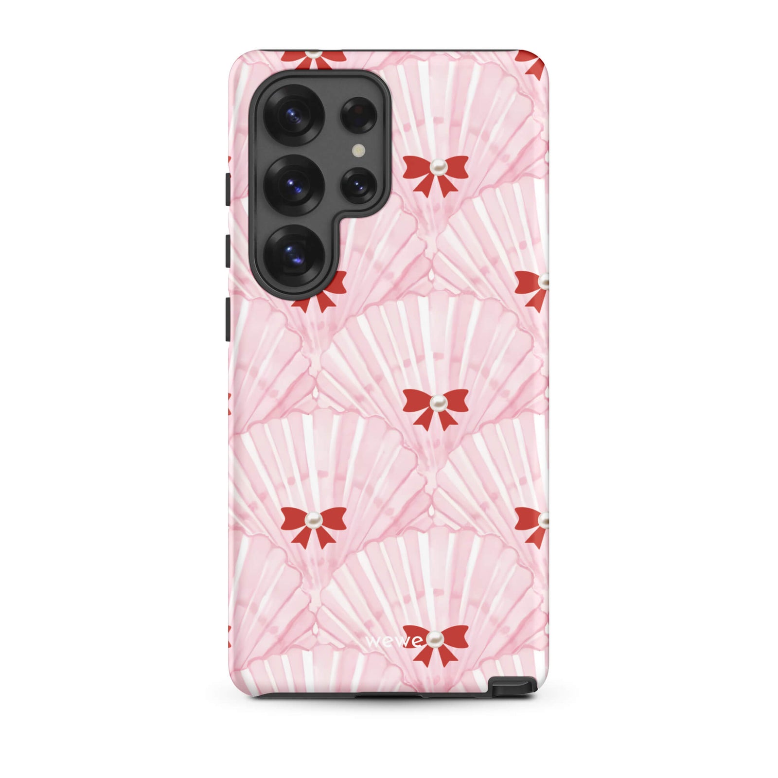 Custom samsung galaxy s25 ultra  Phone case with a cute and whimsical pattern of watercolor pink and white seashells with red bows and pearls.
