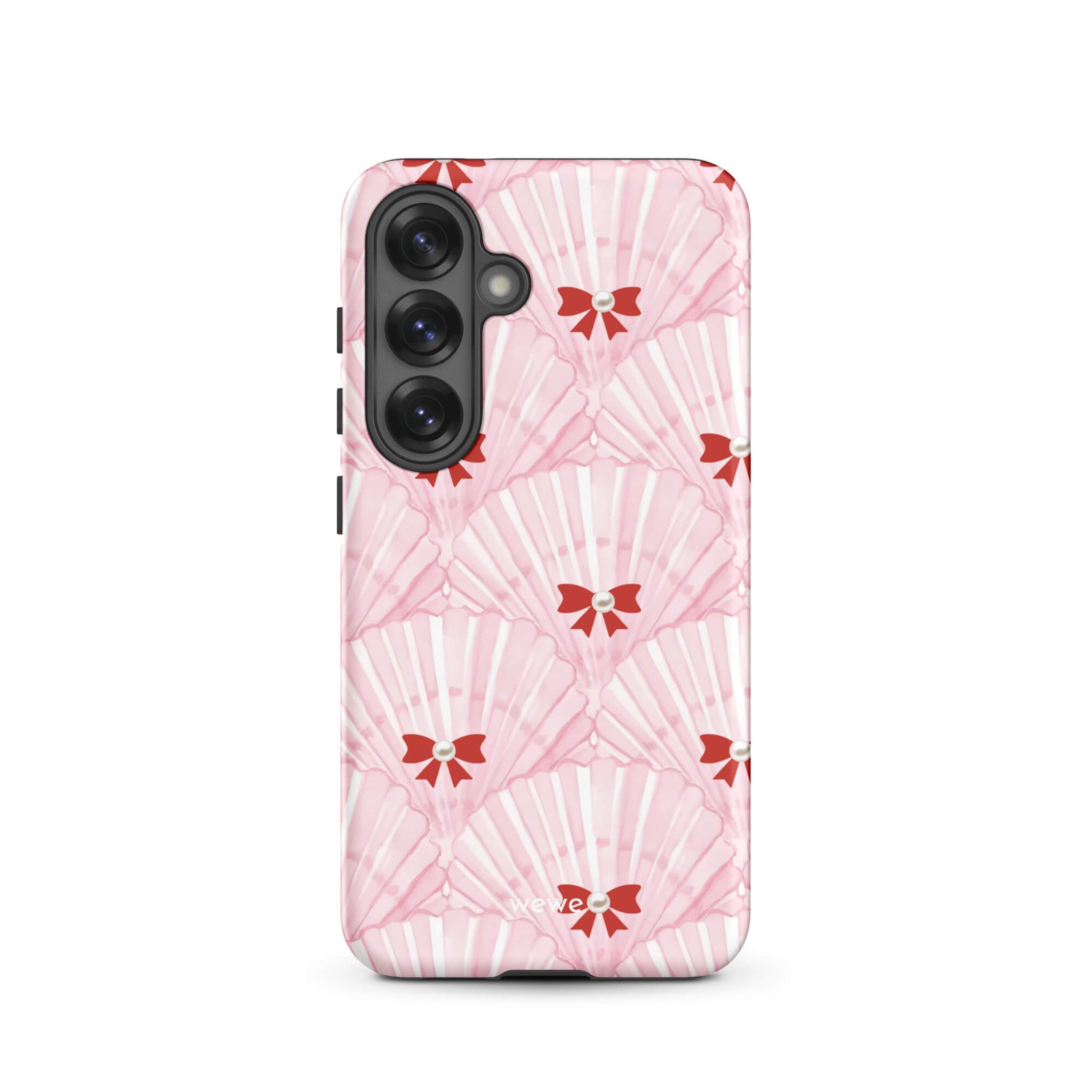 Custom samsung galaxy s25 Phone case with a cute and whimsical pattern of watercolor pink and white seashells with red bows and pearls.