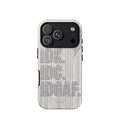 Silver and white iPhone case with stacked IDK. IDC. IDGAF. rhinestone-effect lettering