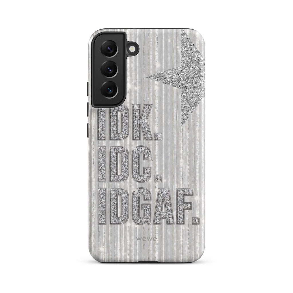 Silver and white iPhone case with stacked IDK. IDC. IDGAF. rhinestone-effect lettering