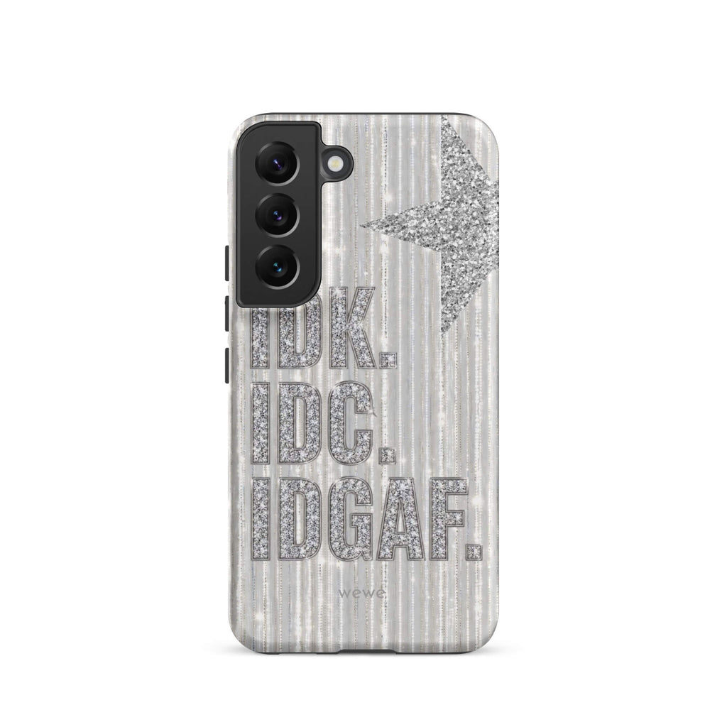 Silver and white iPhone case with stacked IDK. IDC. IDGAF. rhinestone-effect lettering