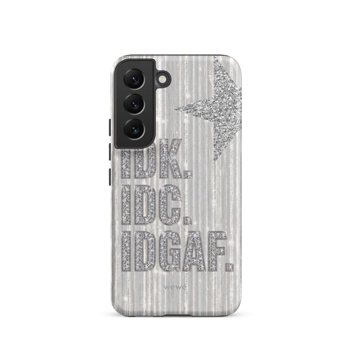 Silver and white iPhone case with stacked IDK. IDC. IDGAF. rhinestone-effect lettering