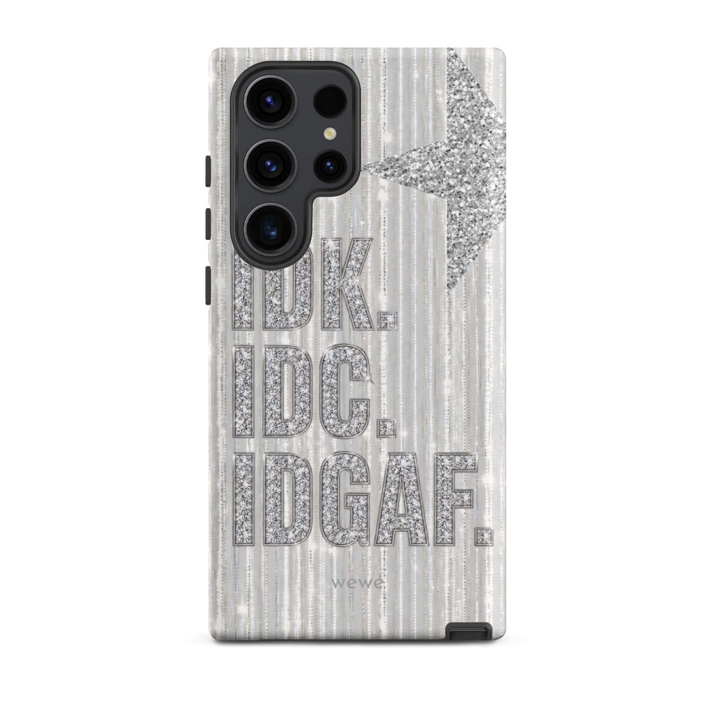 Silver and white iPhone case with stacked IDK. IDC. IDGAF. rhinestone-effect lettering