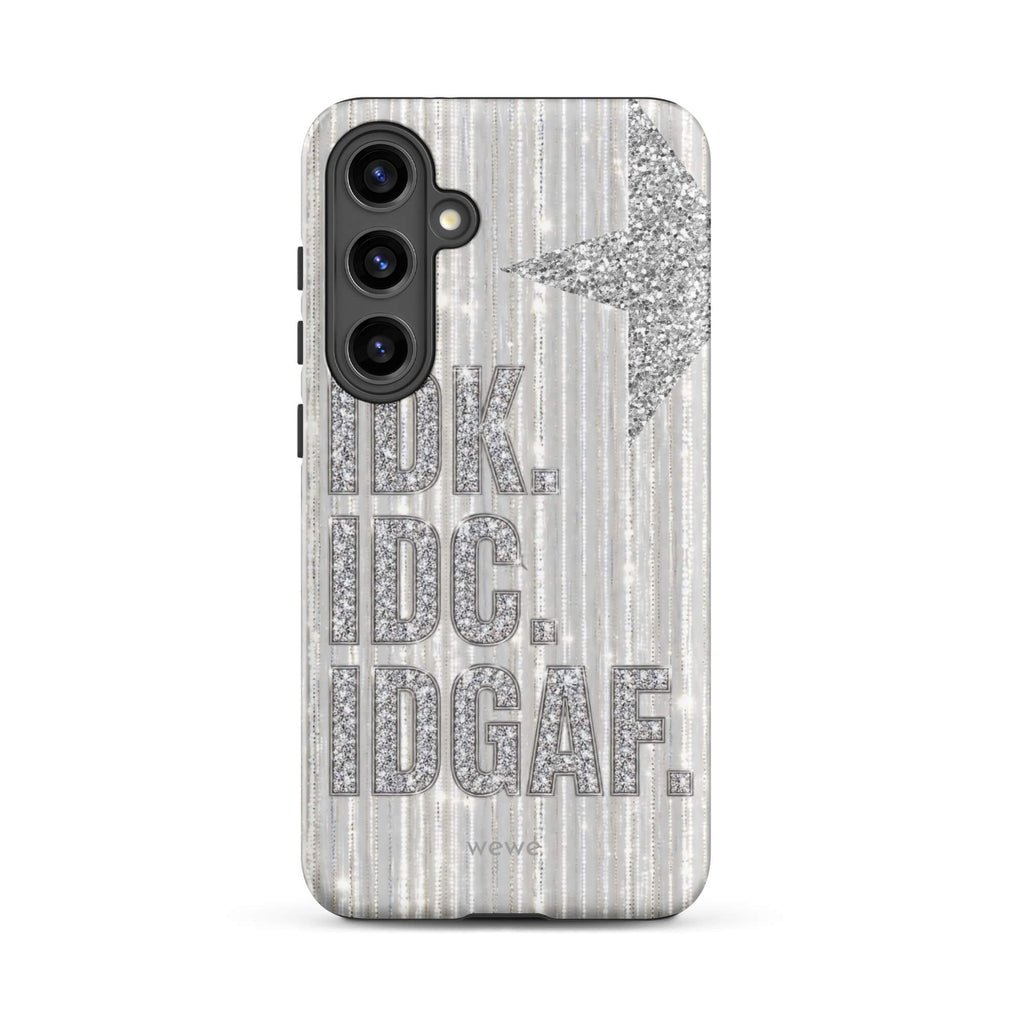 Silver and white iPhone case with stacked IDK. IDC. IDGAF. rhinestone-effect lettering