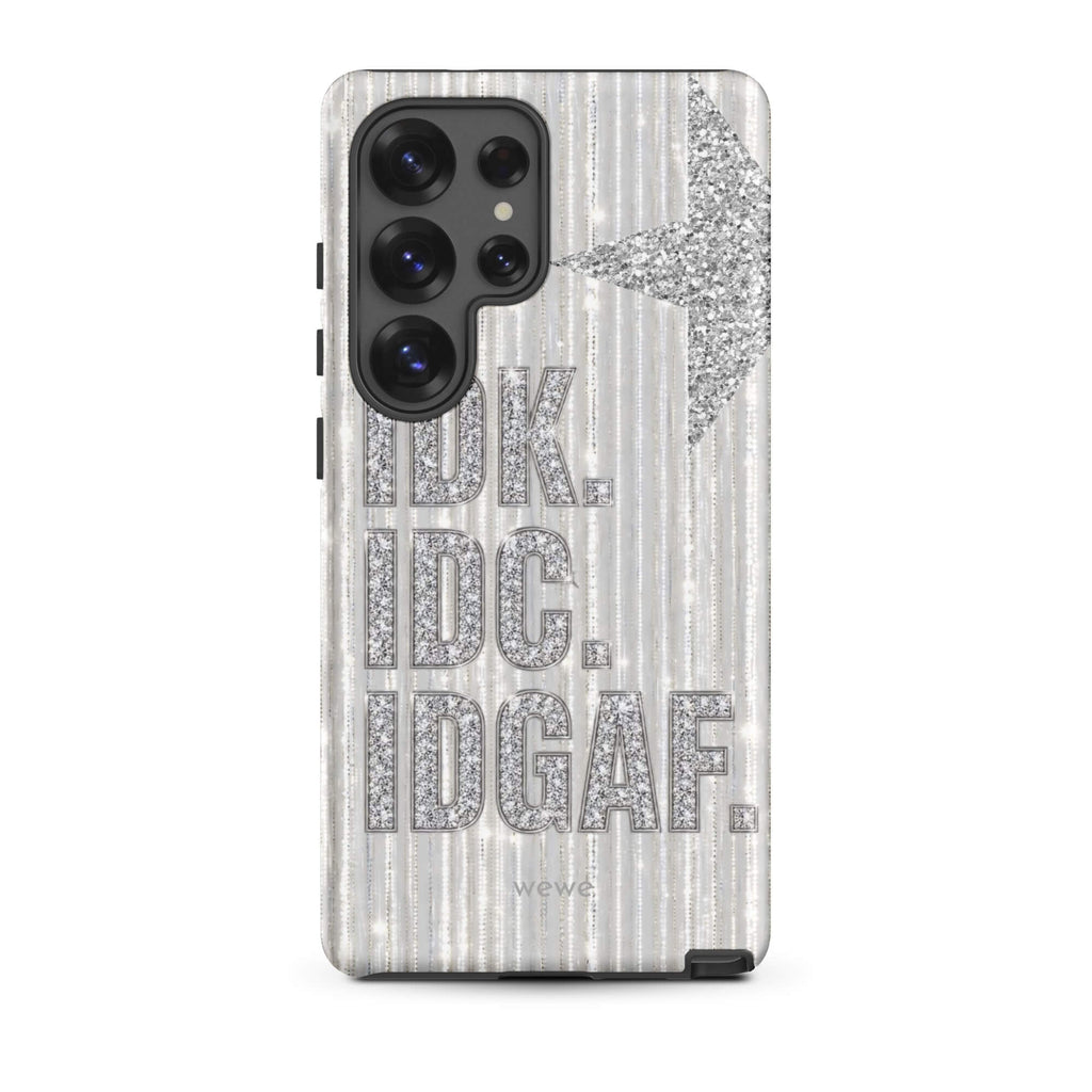 Silver and white iPhone case with stacked IDK. IDC. IDGAF. rhinestone-effect lettering