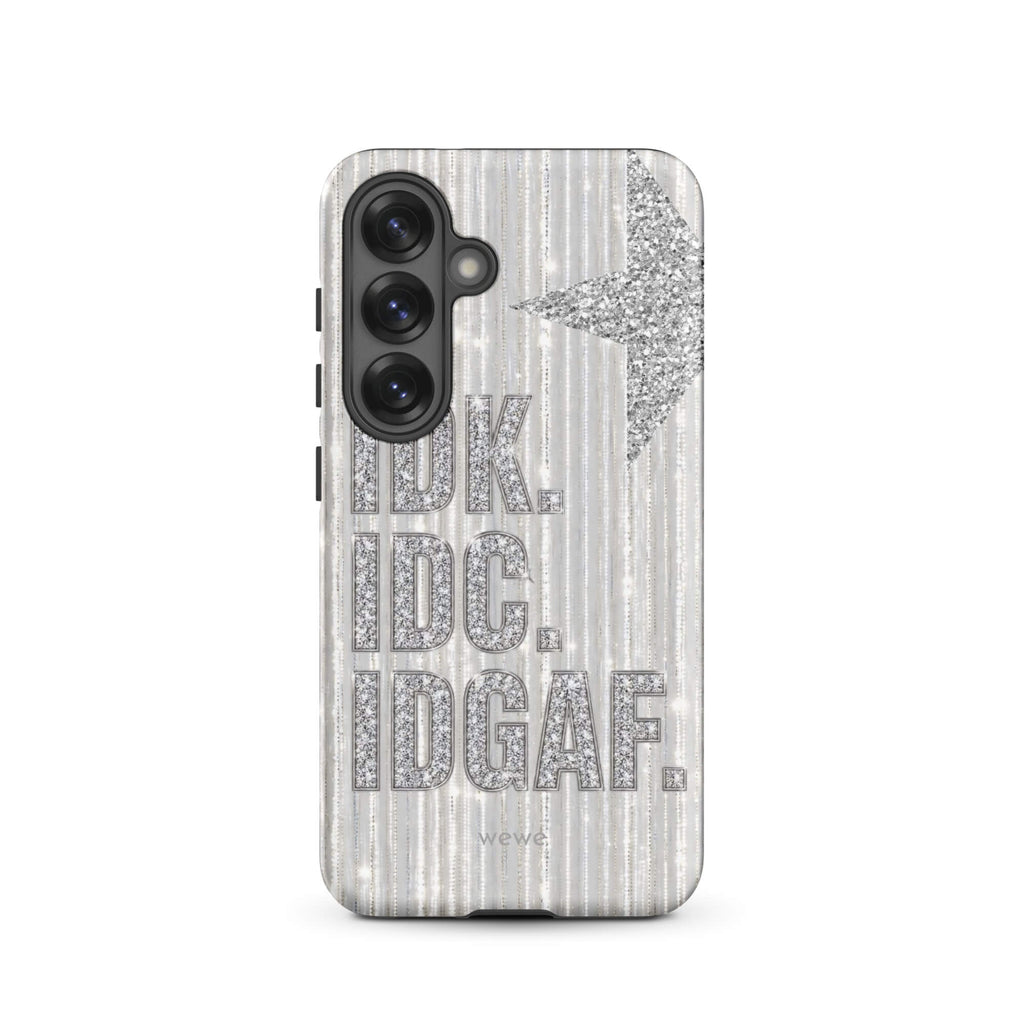 Silver and white iPhone case with stacked IDK. IDC. IDGAF. rhinestone-effect lettering
