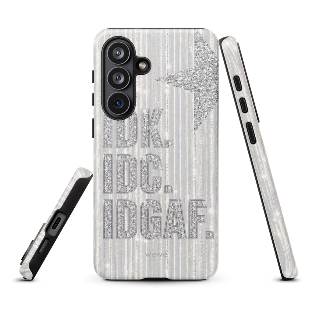 Silver and white iPhone case with stacked IDK. IDC. IDGAF. rhinestone-effect lettering