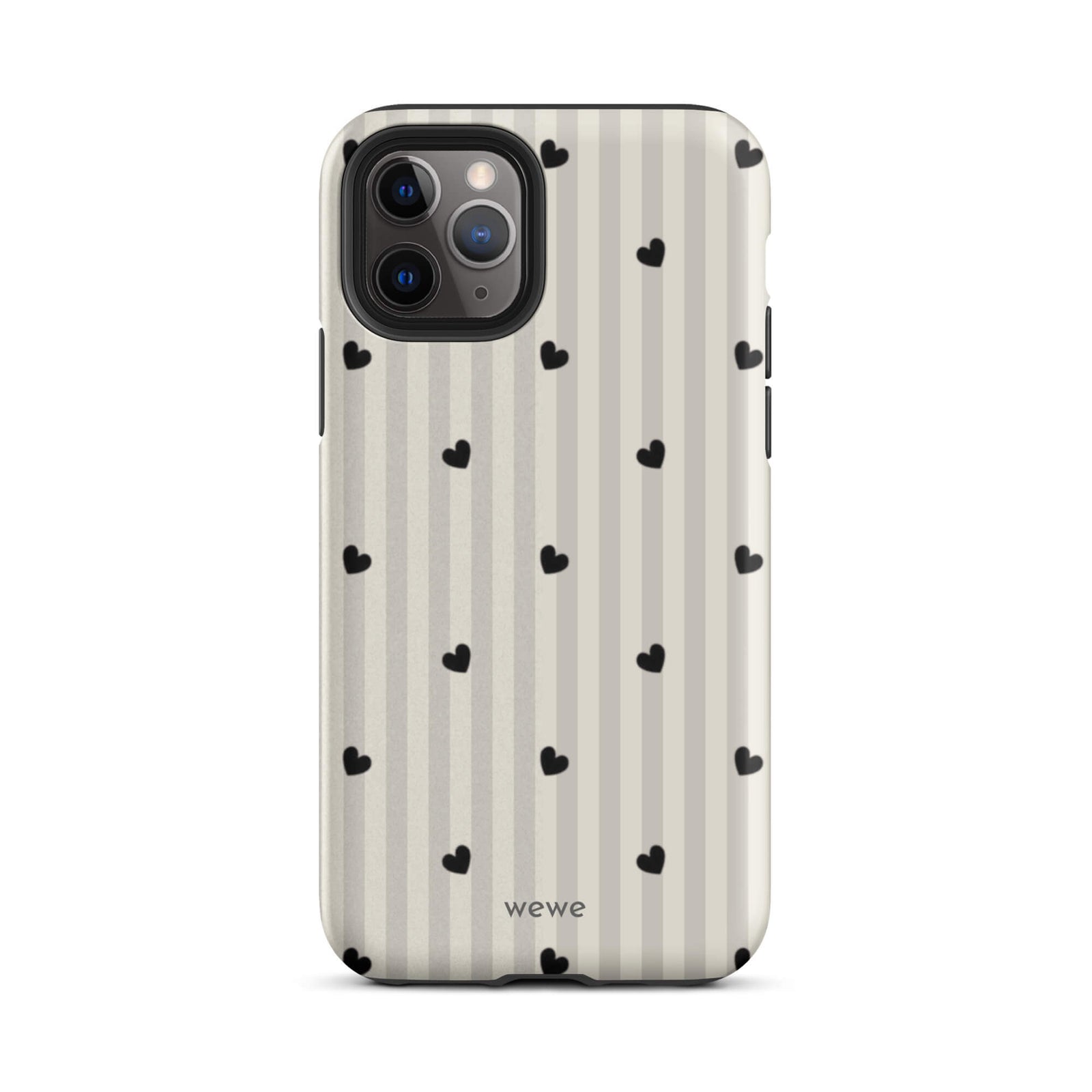 Custom iPhone case 11 pro with a subtle beige and white vertical stripe background, scattered black hearts.